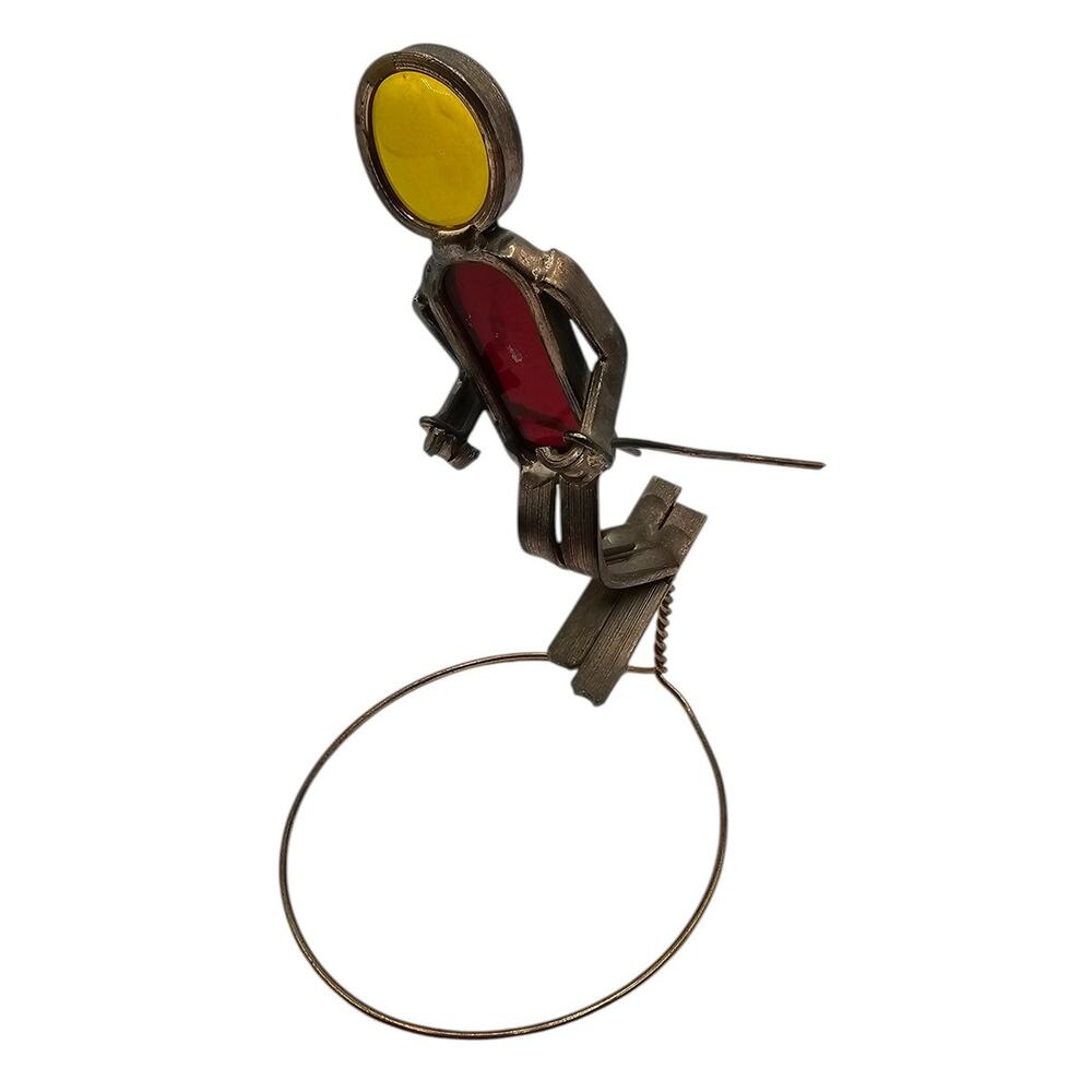 Vintage Handcrafted Welded Stained Glass Ski Skiing Man Mid Century Red Yellow
